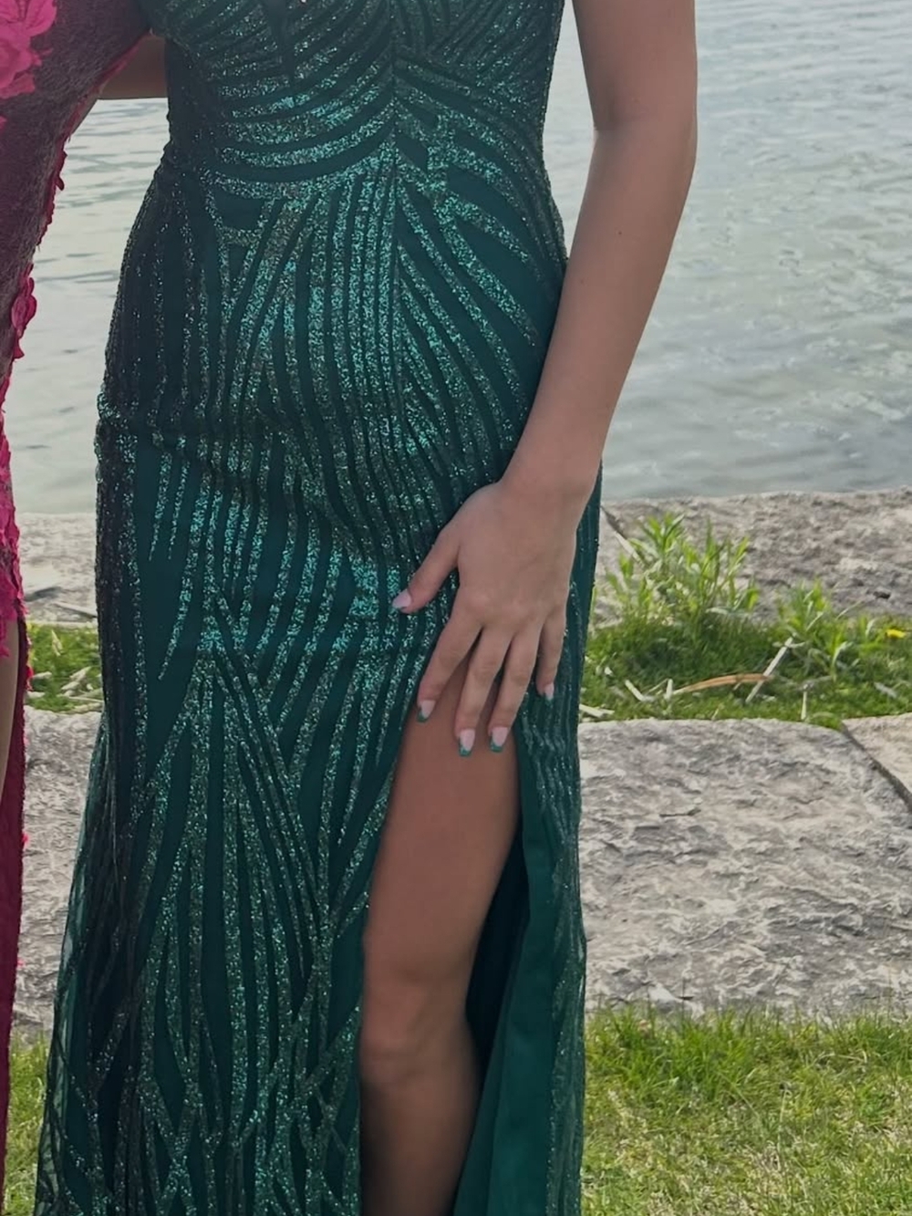 Emerald Green Glitter Evening Dress with Side Slit